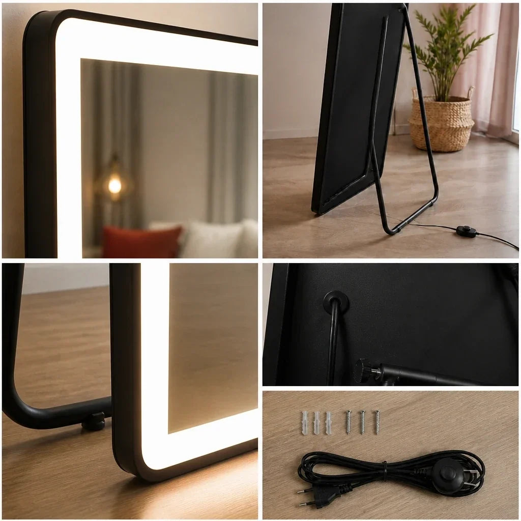 Full Length Floor Mirror with Lights - Black, 163cm