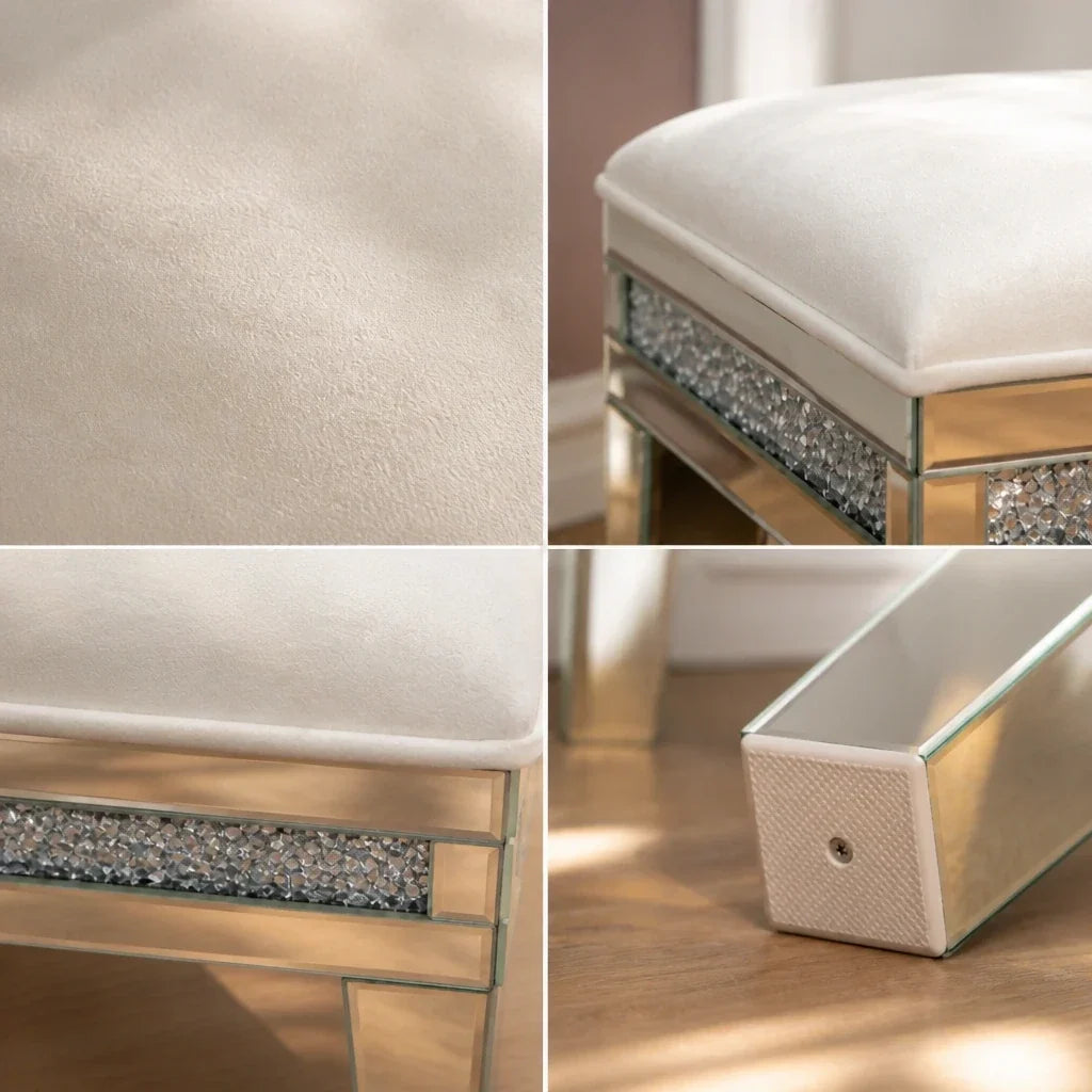 Dressing Table Stool - Crystal Mirrored, Velvet Seat