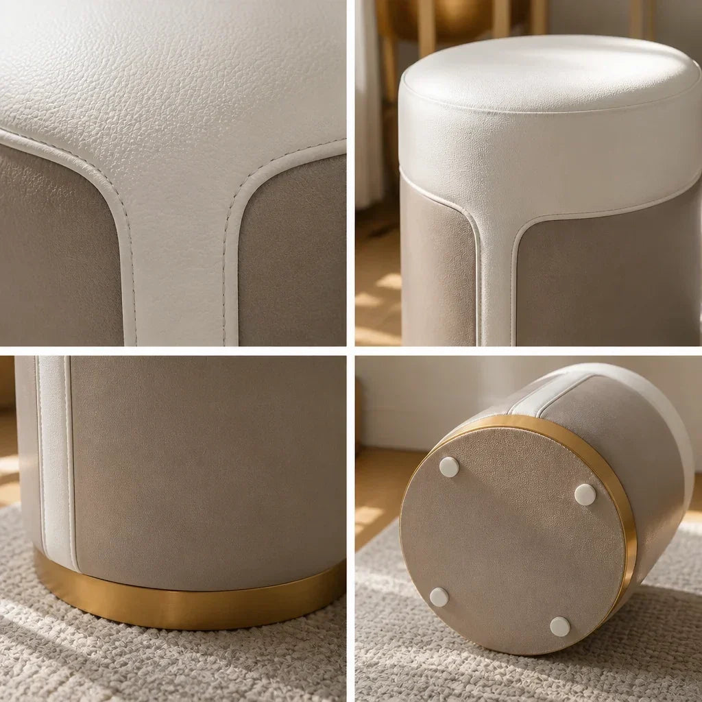 Dressing Table Stool - Cream and Taupe Faux Leather, 42cm