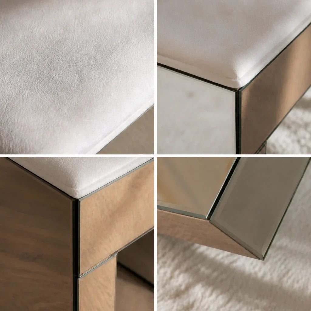 Dressing Table Stool - White Velvet, Mirrored Frame