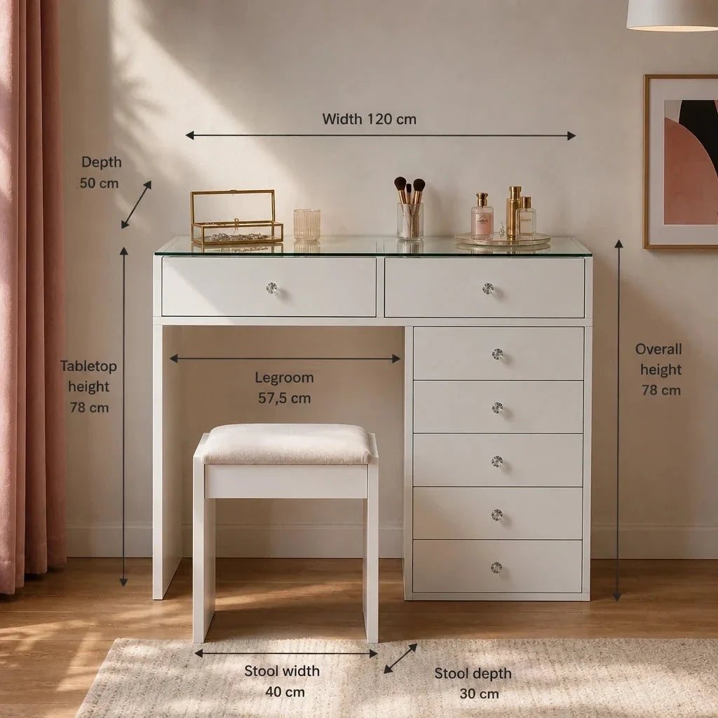 Glass Top Dressing Table with 7 Drawers - White, 120cm