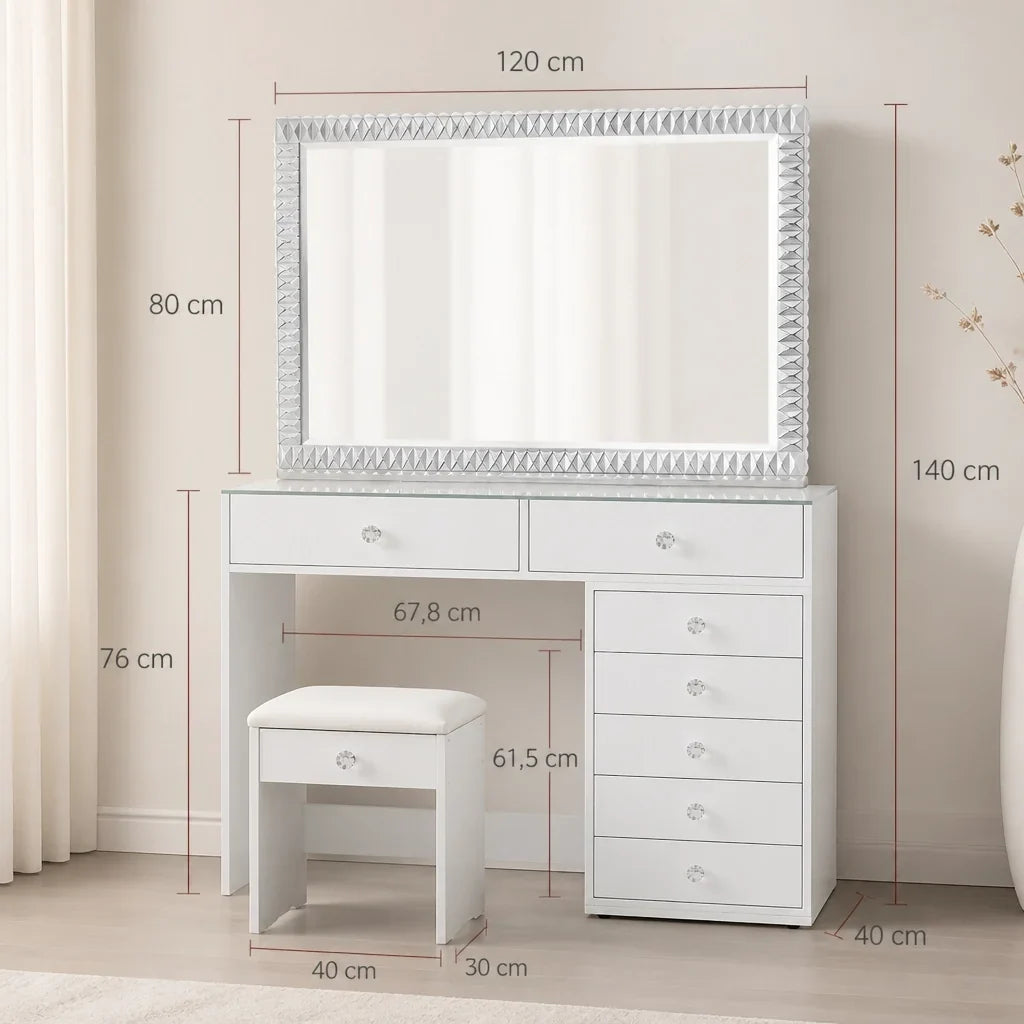 Dressing Table with Mirror 120x80 - White, 120cm