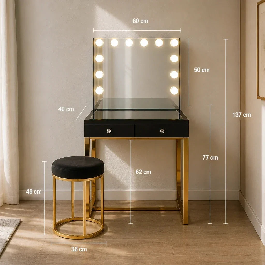 Small Dressing Table with Mirror - Black, Gold Legs