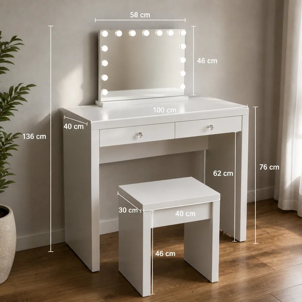 Dressing Table with Mirror and 2 Drawers - White