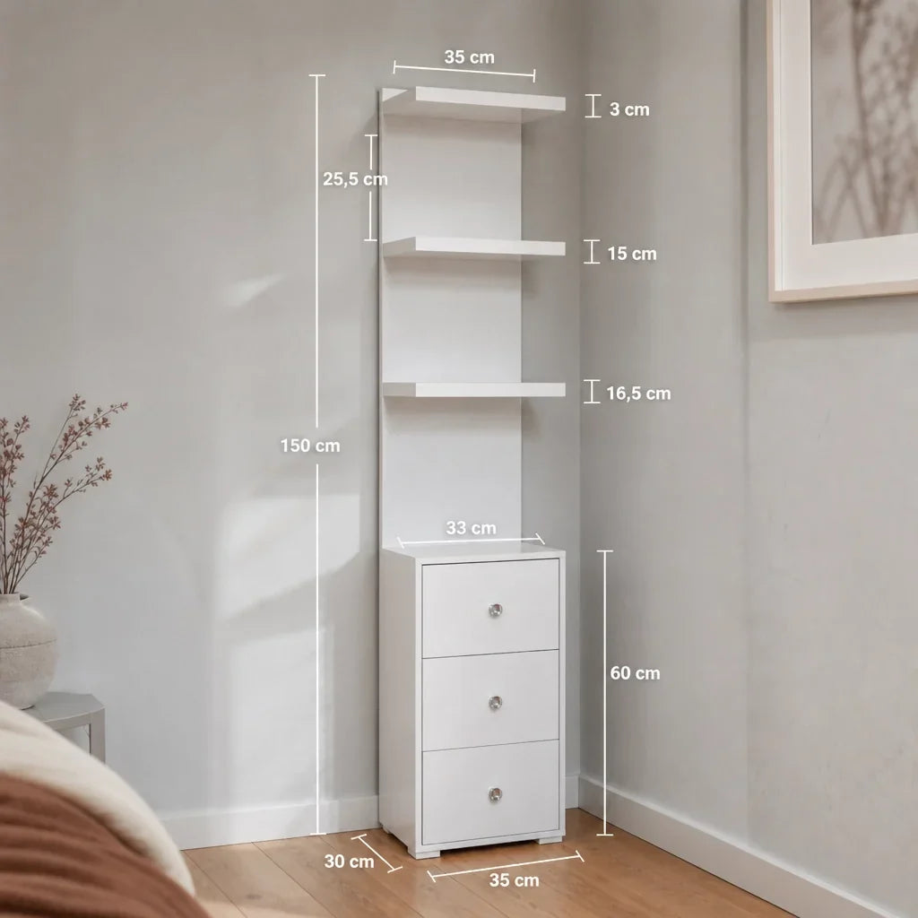 Dressing Table Shelf Unit with 3 Drawers - White