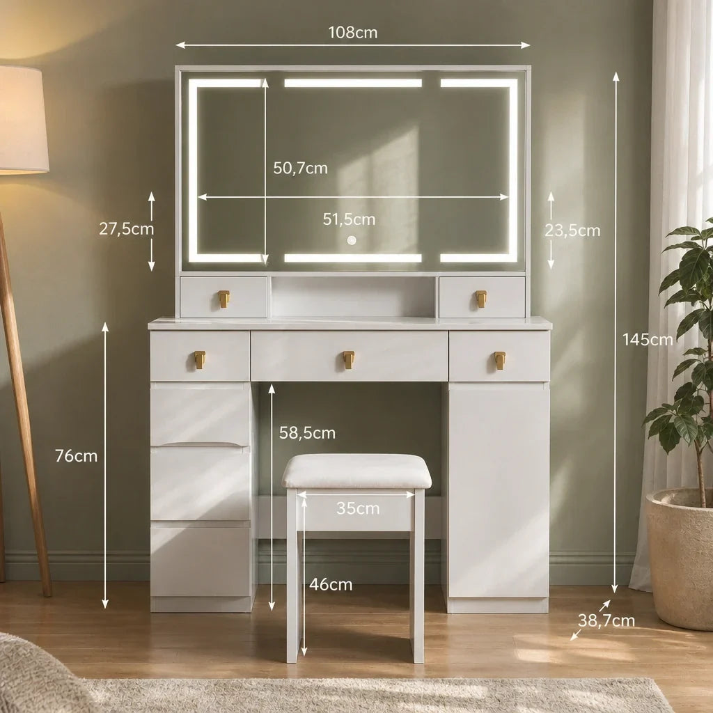 Dressing Table with Mirror and Gold Handles - White, 108cm