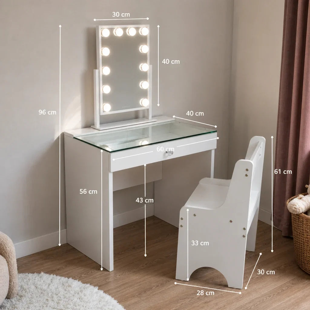 Childrens Dressing Table with Mirror - Glass Top