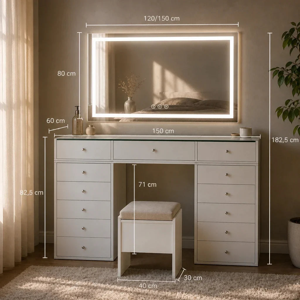Glass Top Dressing Table with 13 Drawers - White, 150cm