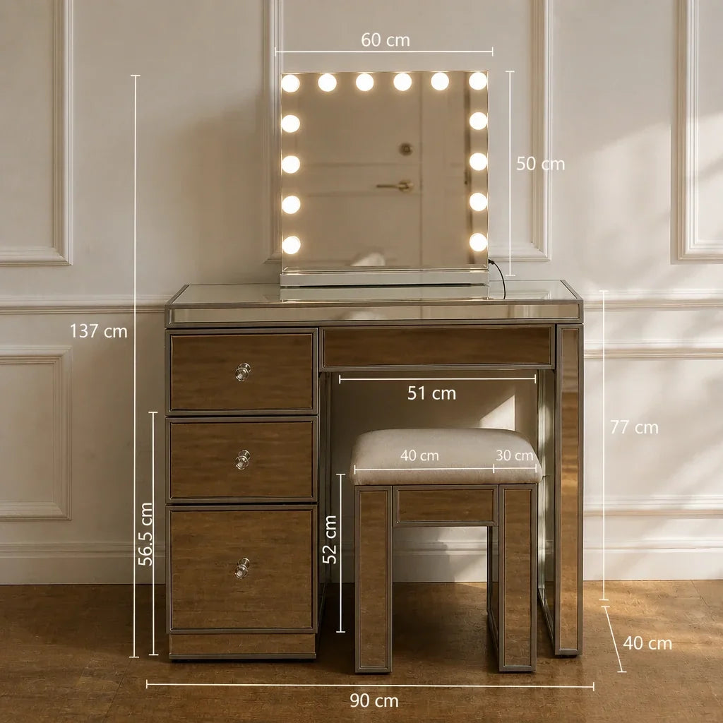 Small Dressing Table with Mirror and 3 Drawers - Mirrored