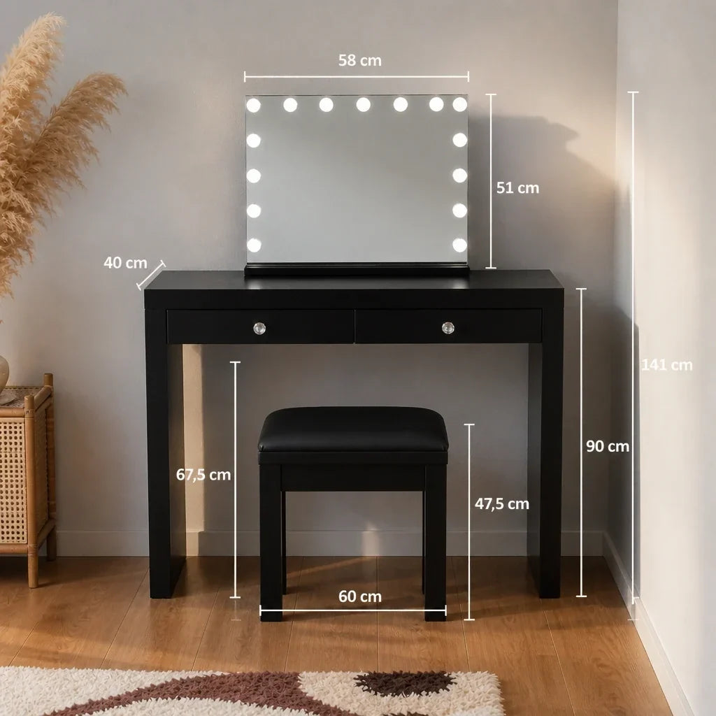 Dressing Table with Mirror and 2 Drawers - Black