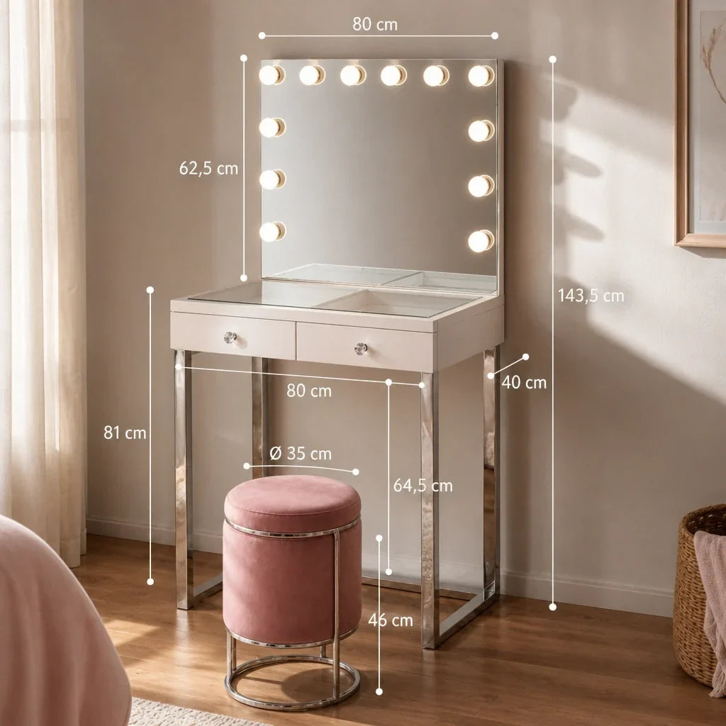 Small Dressing Table with Mirror - White, Chrome Legs
