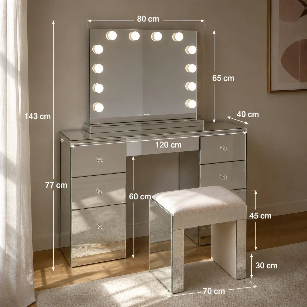 Dressing Table with Mirror and 7 Drawers - Mirrored