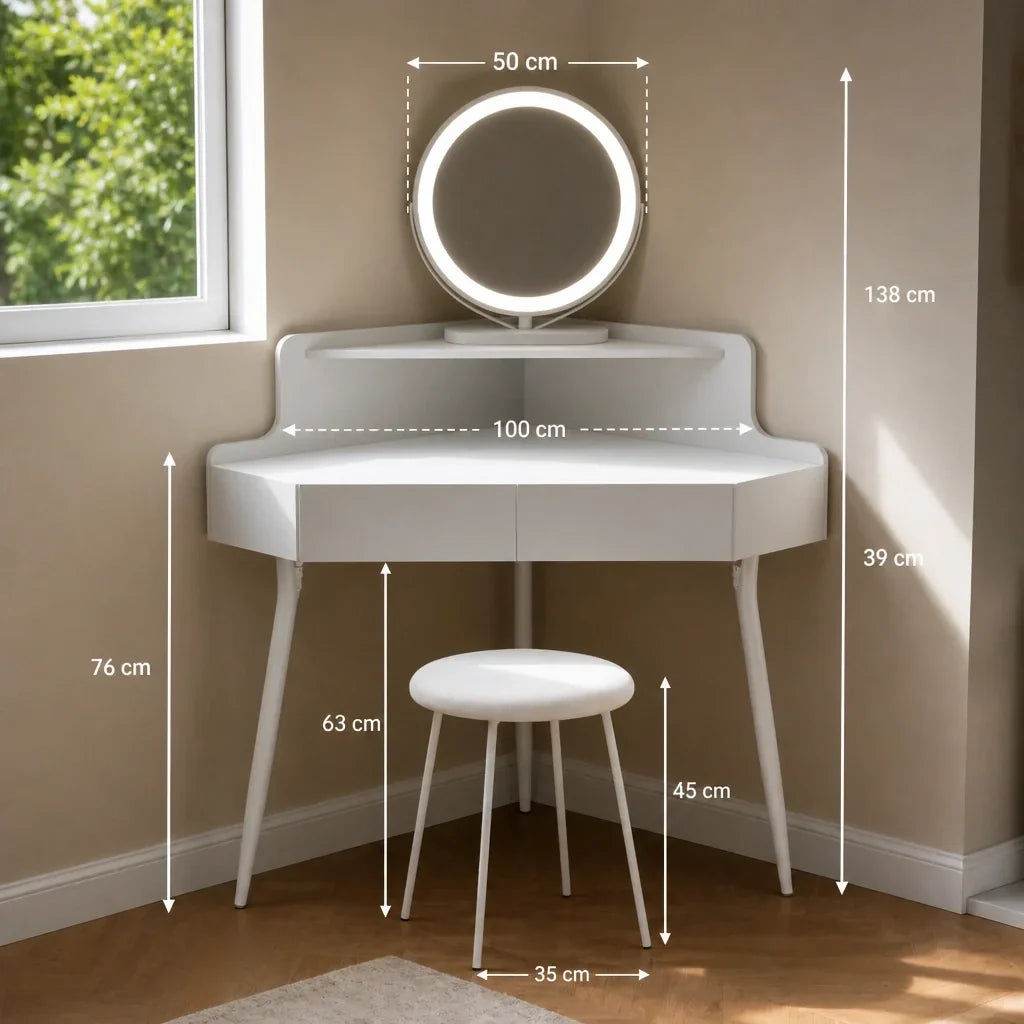 Corner Dressing Table with Mirror - White, 100cm