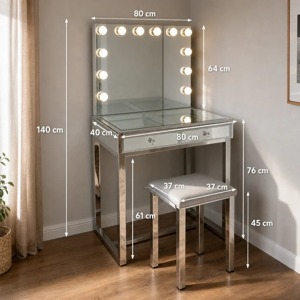 Small Dressing Table with Mirror - Mirrored, Chrome Legs