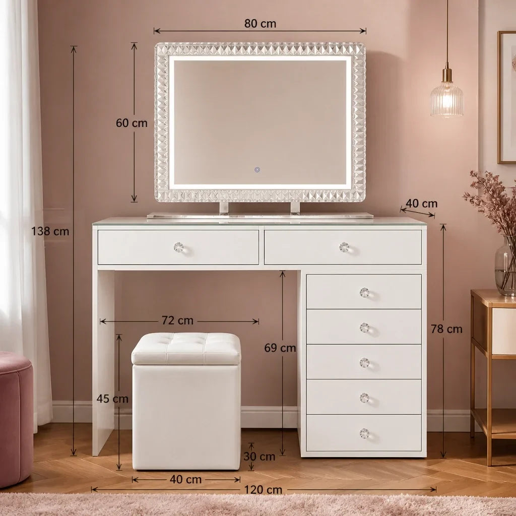 Dressing Table with Mirror 80x60 - White, 120cm