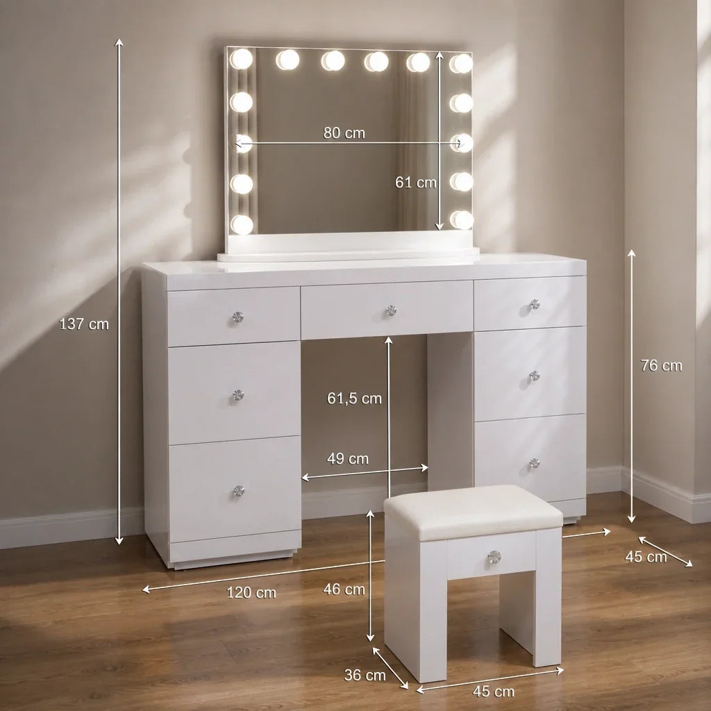 Dressing Table with Mirror and 7 Drawers - White