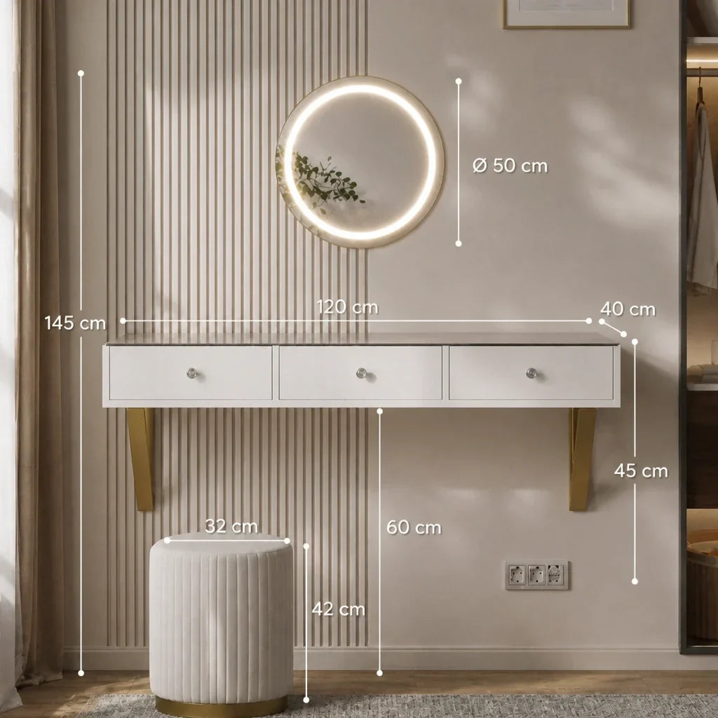 Dressing Table with Wall Mirror - White and Gold, 120cm