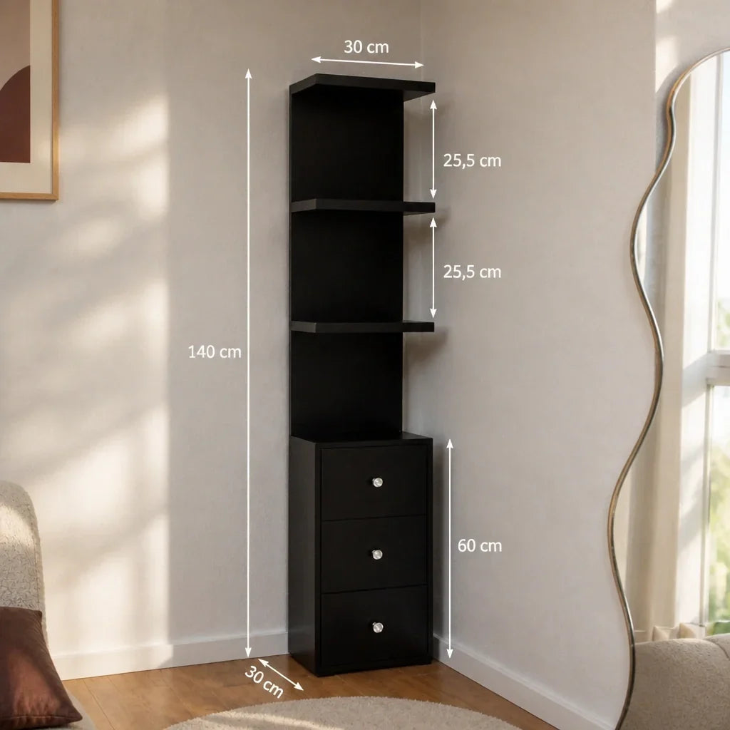 Dressing Table Shelf Unit with 3 Drawers - Black