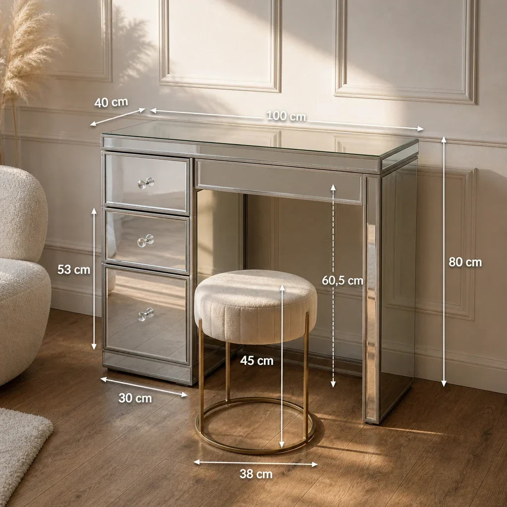 Mirrored Dressing Table with 3 Drawers - Diamond Knobs