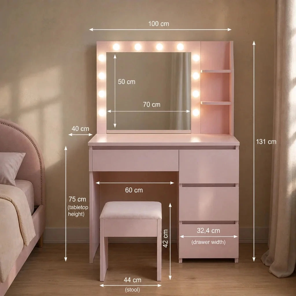 Dressing Table with Hollywood Mirror - Pink, 100cm