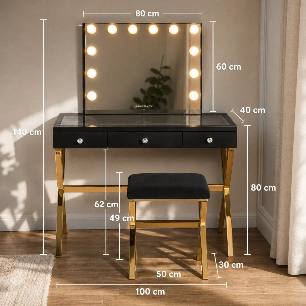 Dressing Table with Mirror - Black Glass Top, Gold Legs