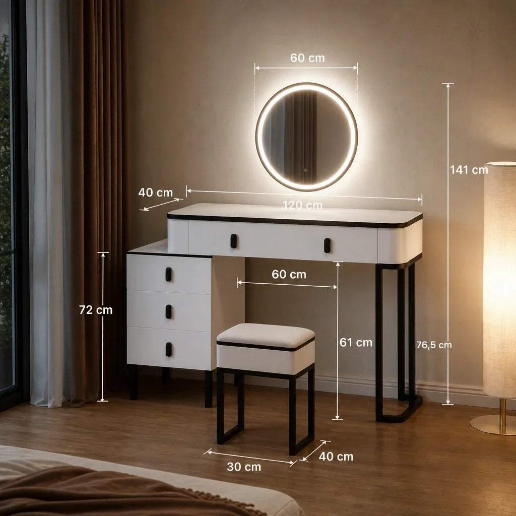Dressing Table with Mirror - White and Black, 120cm
