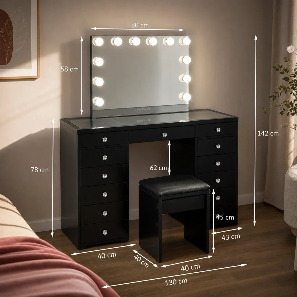 Dressing Table with Mirror and Drawers - Black