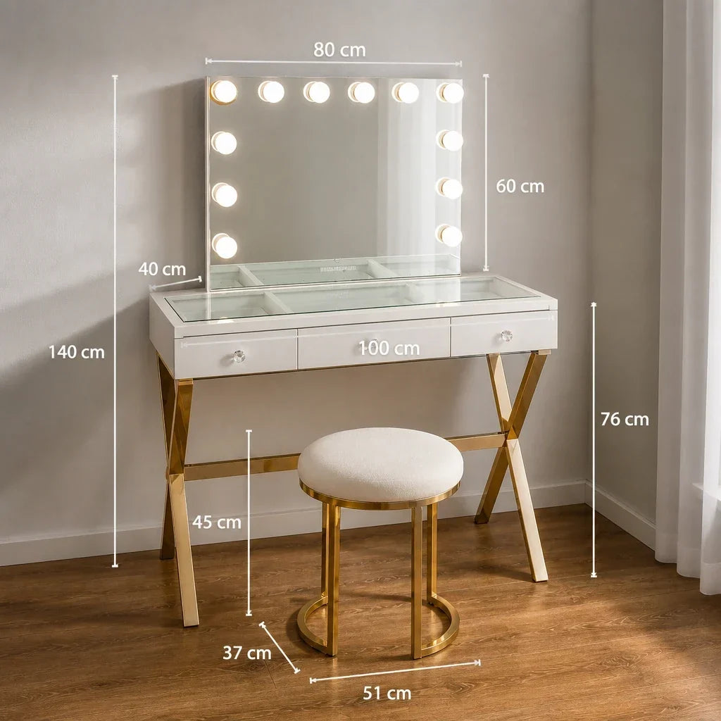 Dressing Table with Mirror - White Glass Top, Gold Legs