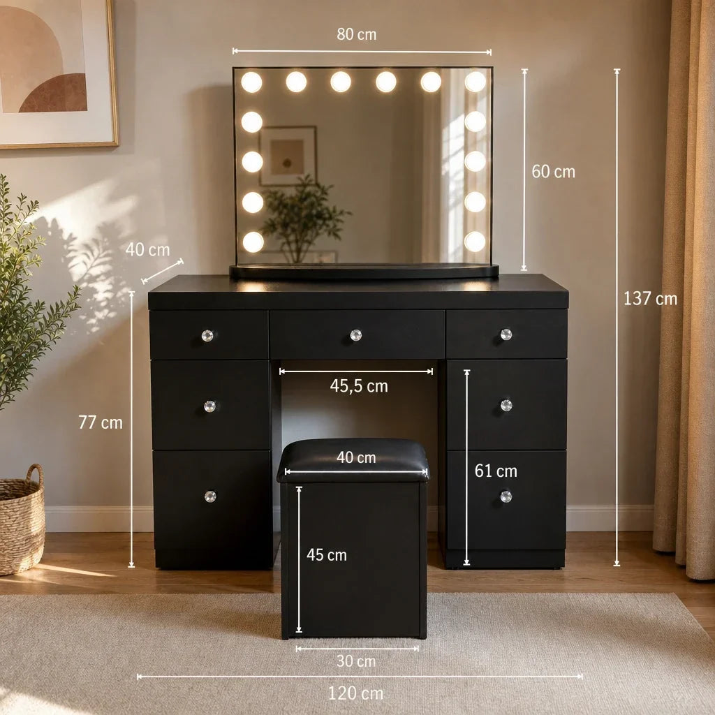 Dressing Table with Mirror and 7 Drawers - Black