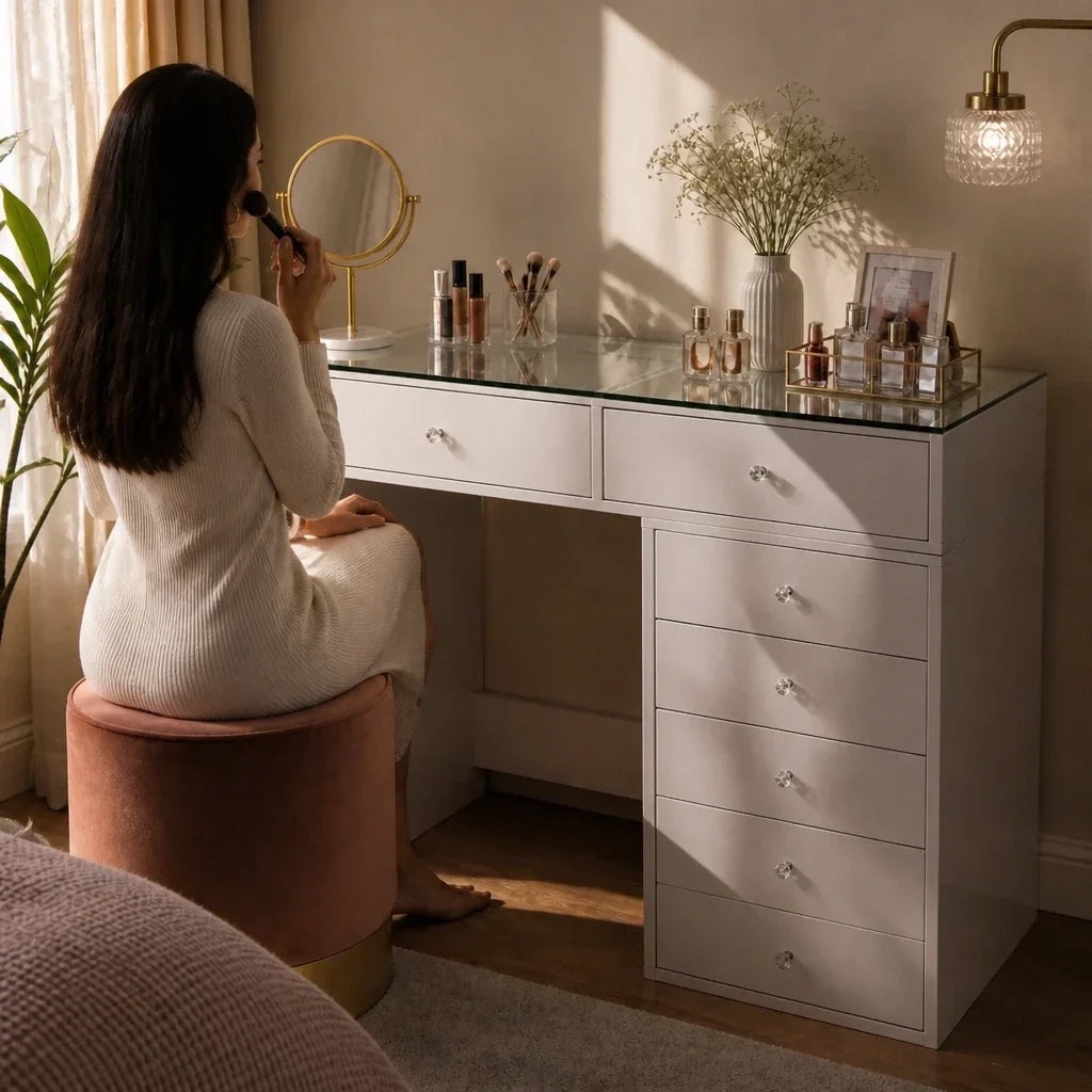Glass Top Dressing Table with 7 Drawers - White, 120cm
