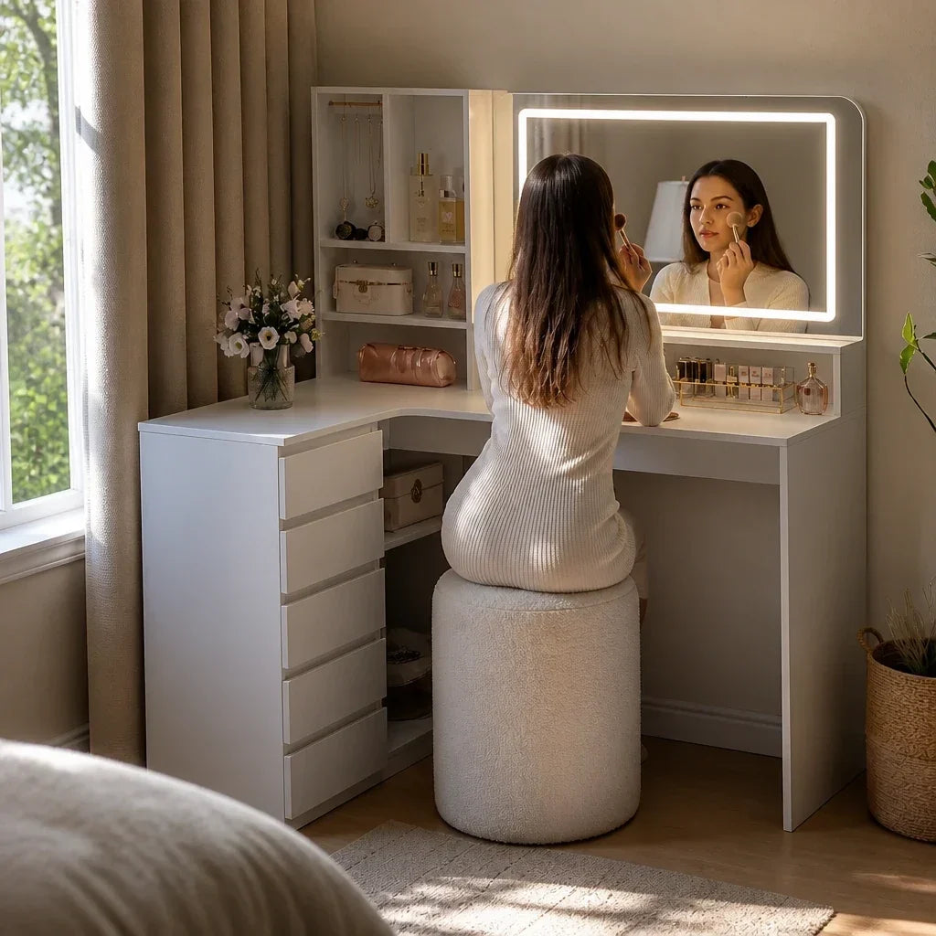 Corner Dressing Table with Mirror - White, 120 x 80cm