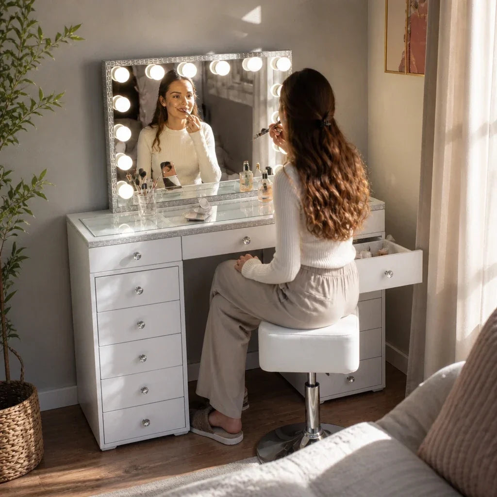 Dressing Table with Mirror and Drawers - White, Crystal