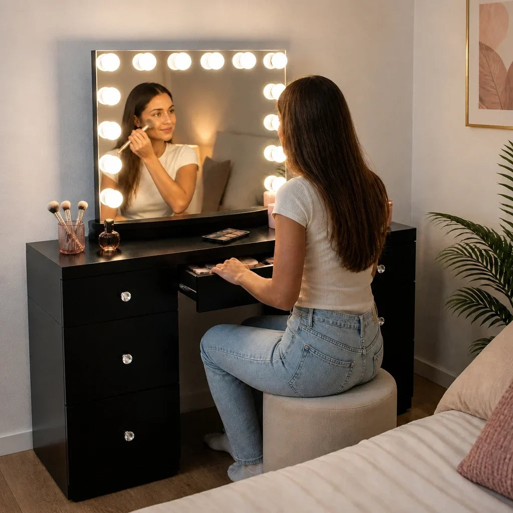 Dressing Table with Mirror and 7 Drawers - Black