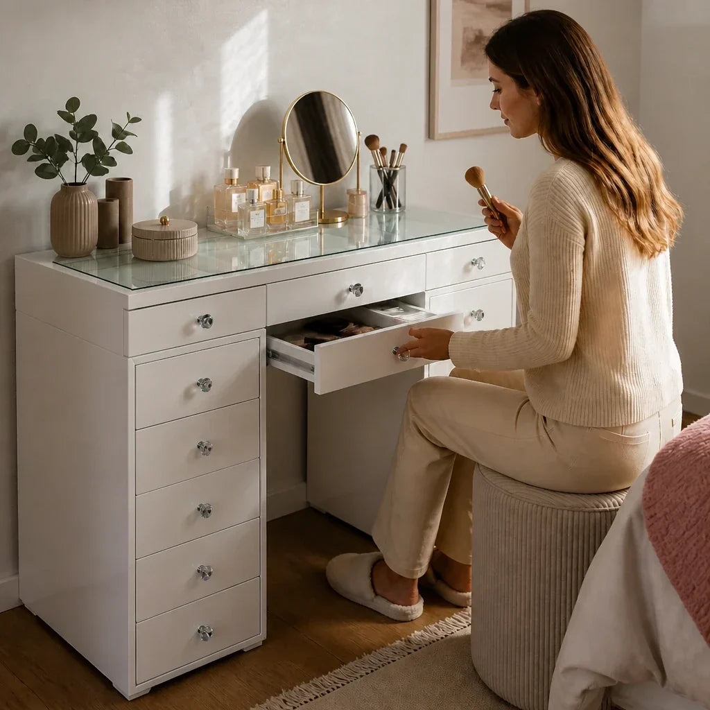 Dressing Table with Drawers - White, Glass Top