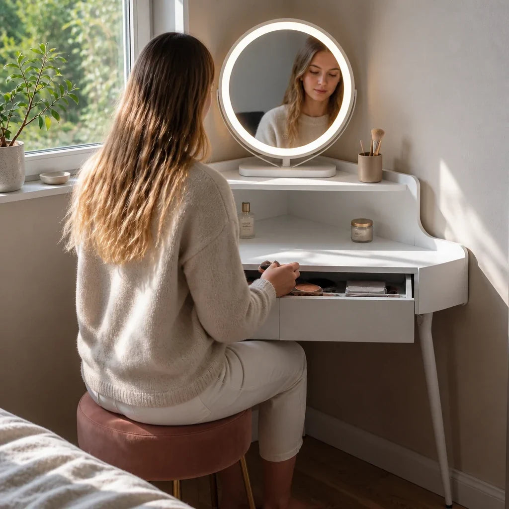 Corner Dressing Table with Mirror - White, 100cm