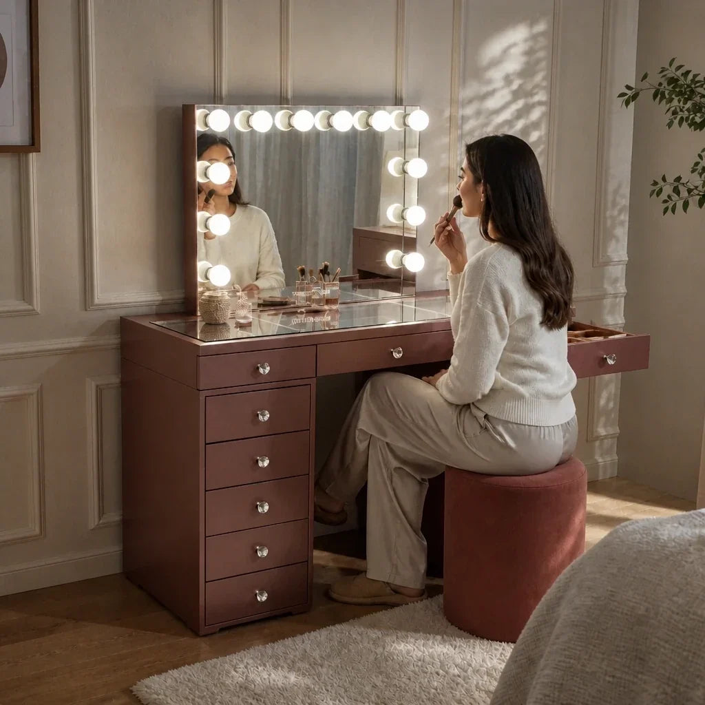 Dressing Table with Mirror and Drawers - Rose Gold