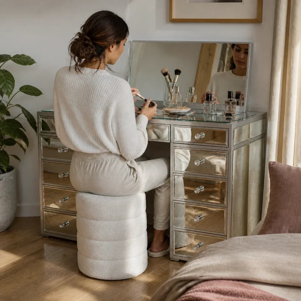 Mirrored Dressing Table with Drawers - Glass Top