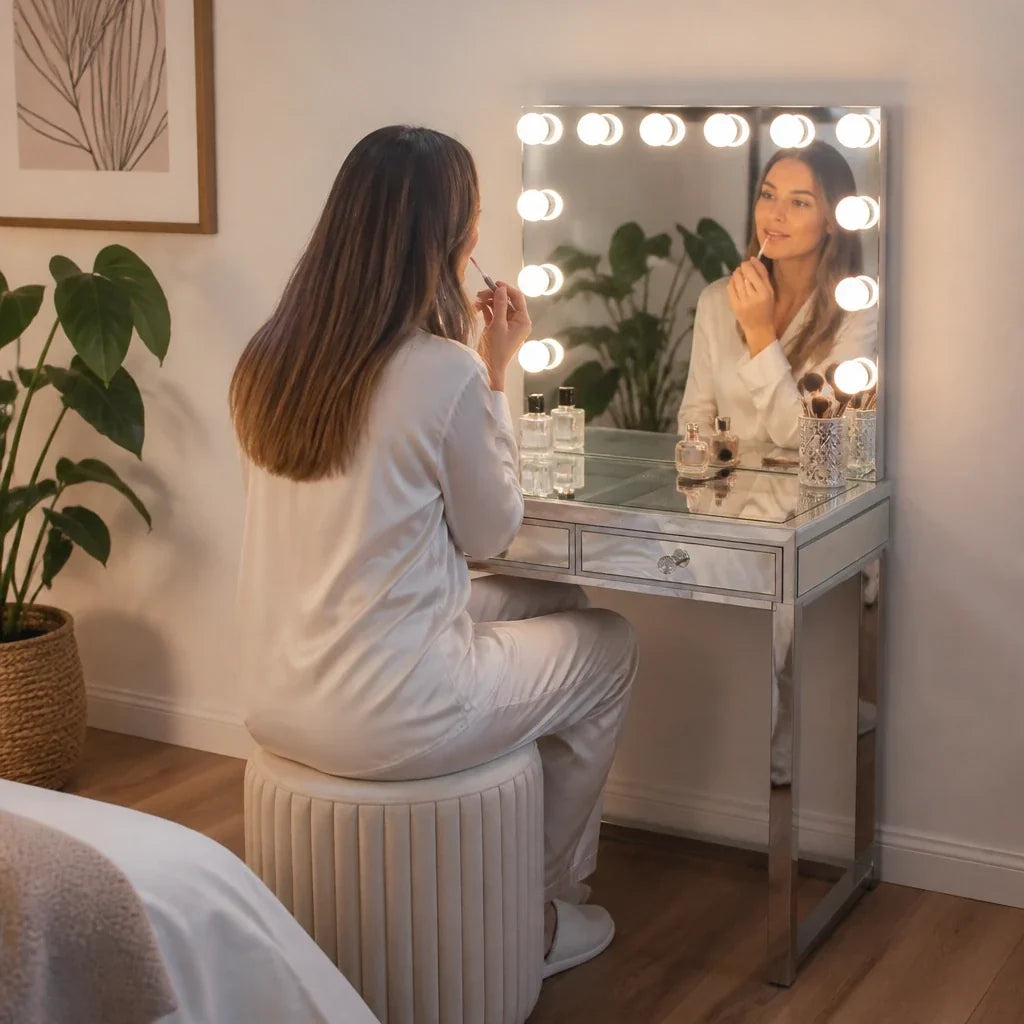 Small Dressing Table with Mirror - Mirrored, Chrome Legs