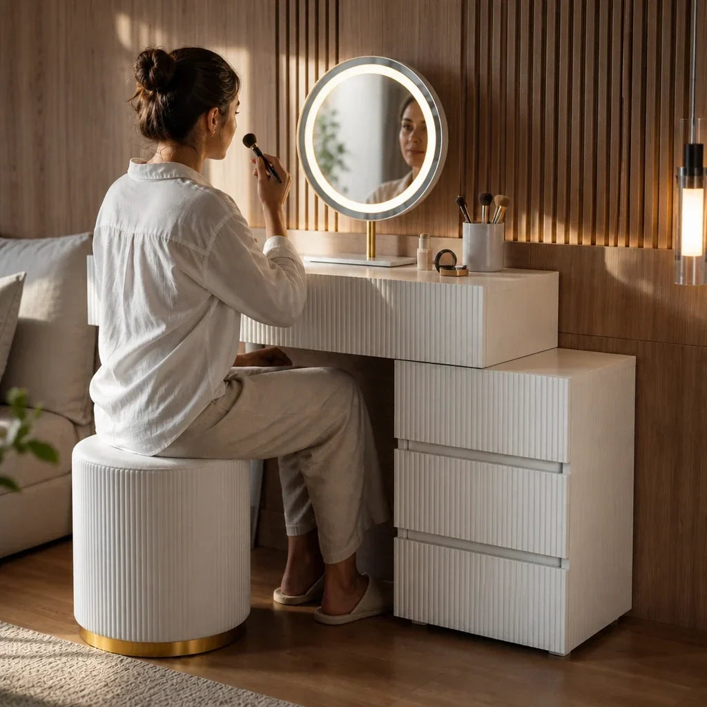 Dressing Table with Mirror - White and Gold, 135cm