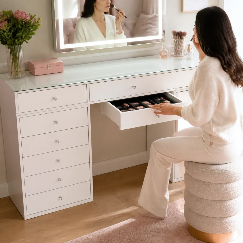 Glass Top Dressing Table with 13 Drawers - White, 150cm