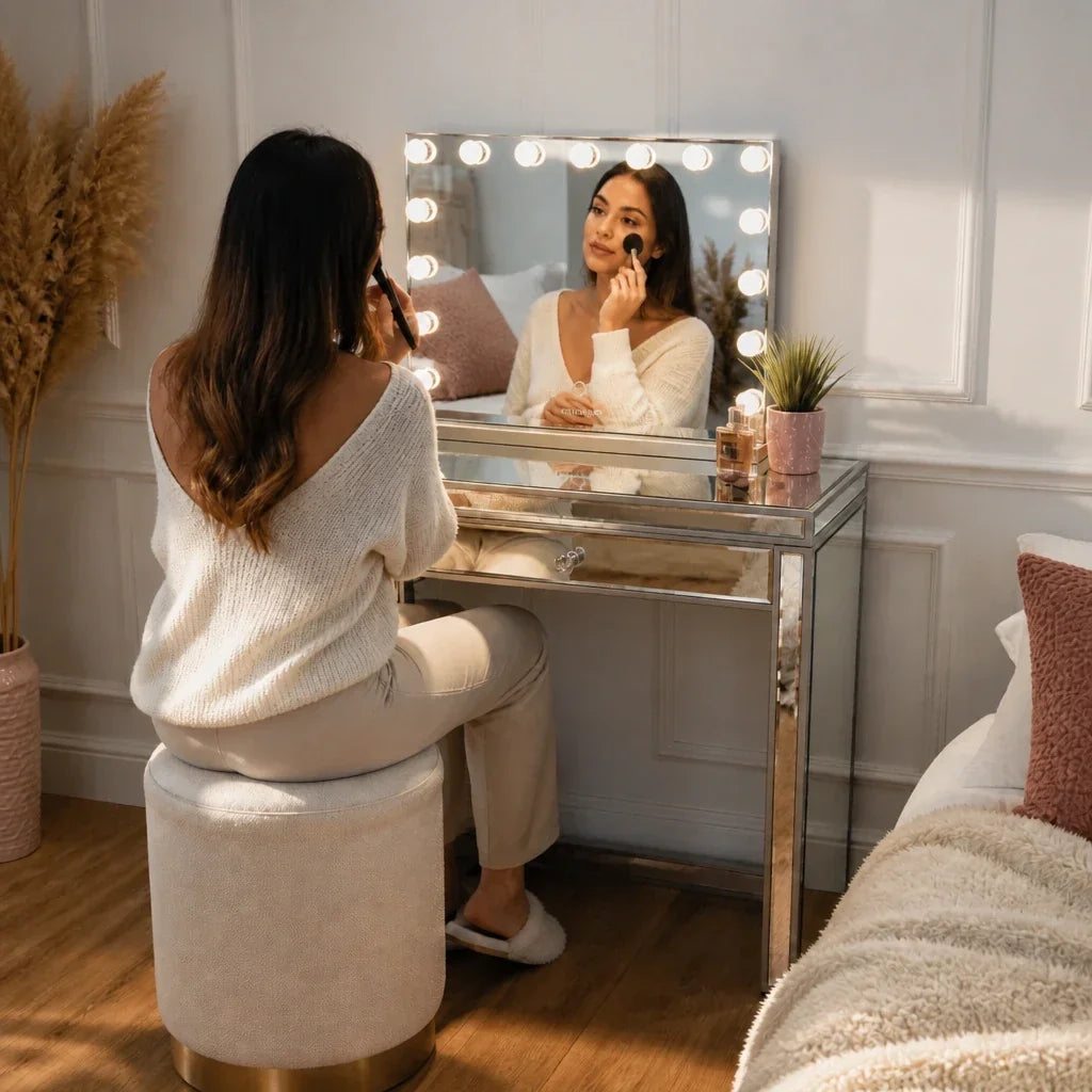 Small Dressing Table with Mirror and 3 Drawers - Mirrored