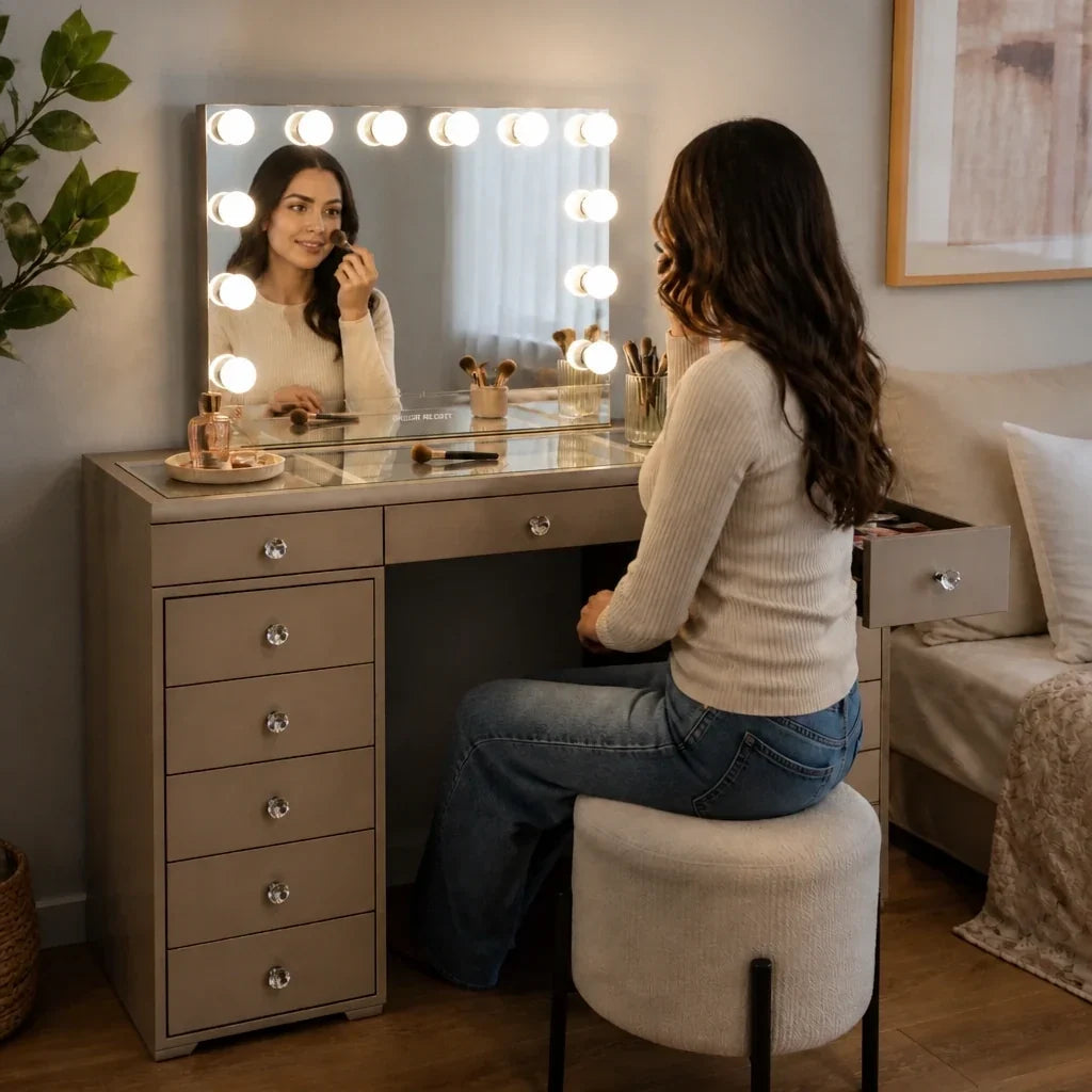 Dressing Table with Mirror and Drawers - Champagne Gold