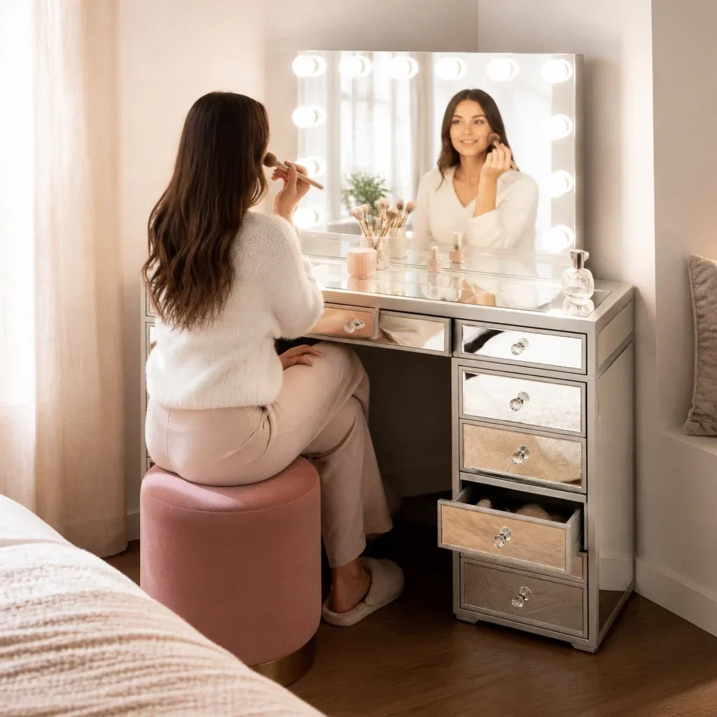 Dressing Table with Mirror and Drawers - Mirrored Finish