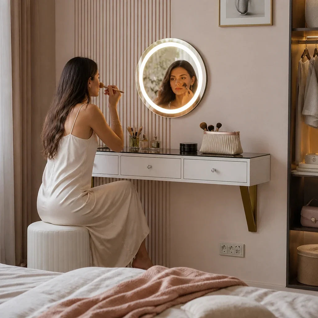 Dressing Table with Wall Mirror - White and Gold, 120cm