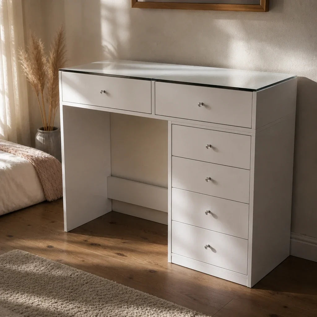 Glass Top Dressing Table with 7 Drawers - White, 120cm
