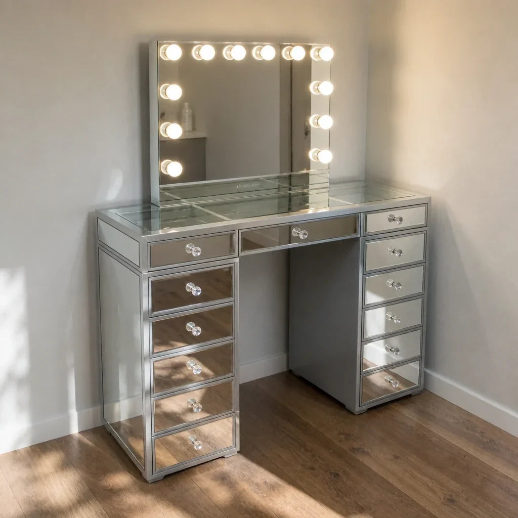 Dressing Table with Mirror and Drawers - Mirrored Finish
