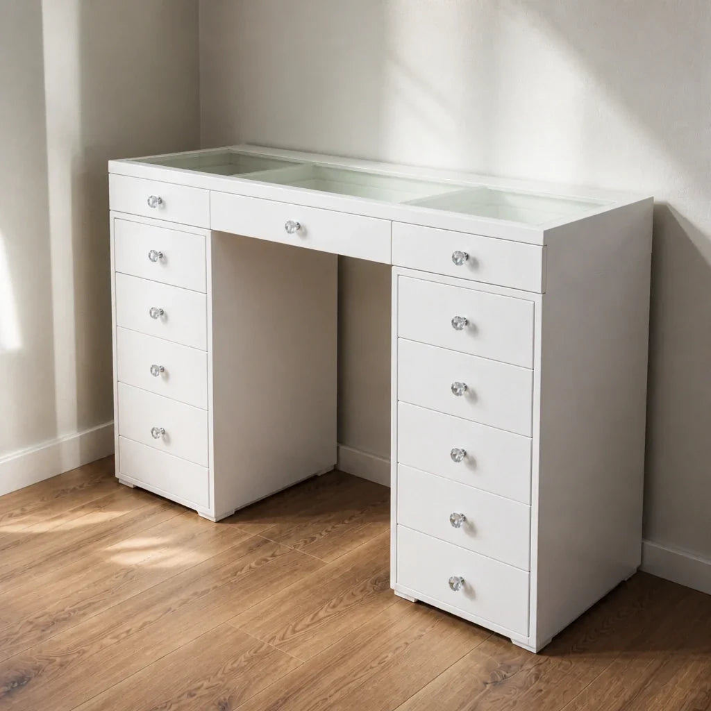 Dressing Table with Drawers - White, Glass Top