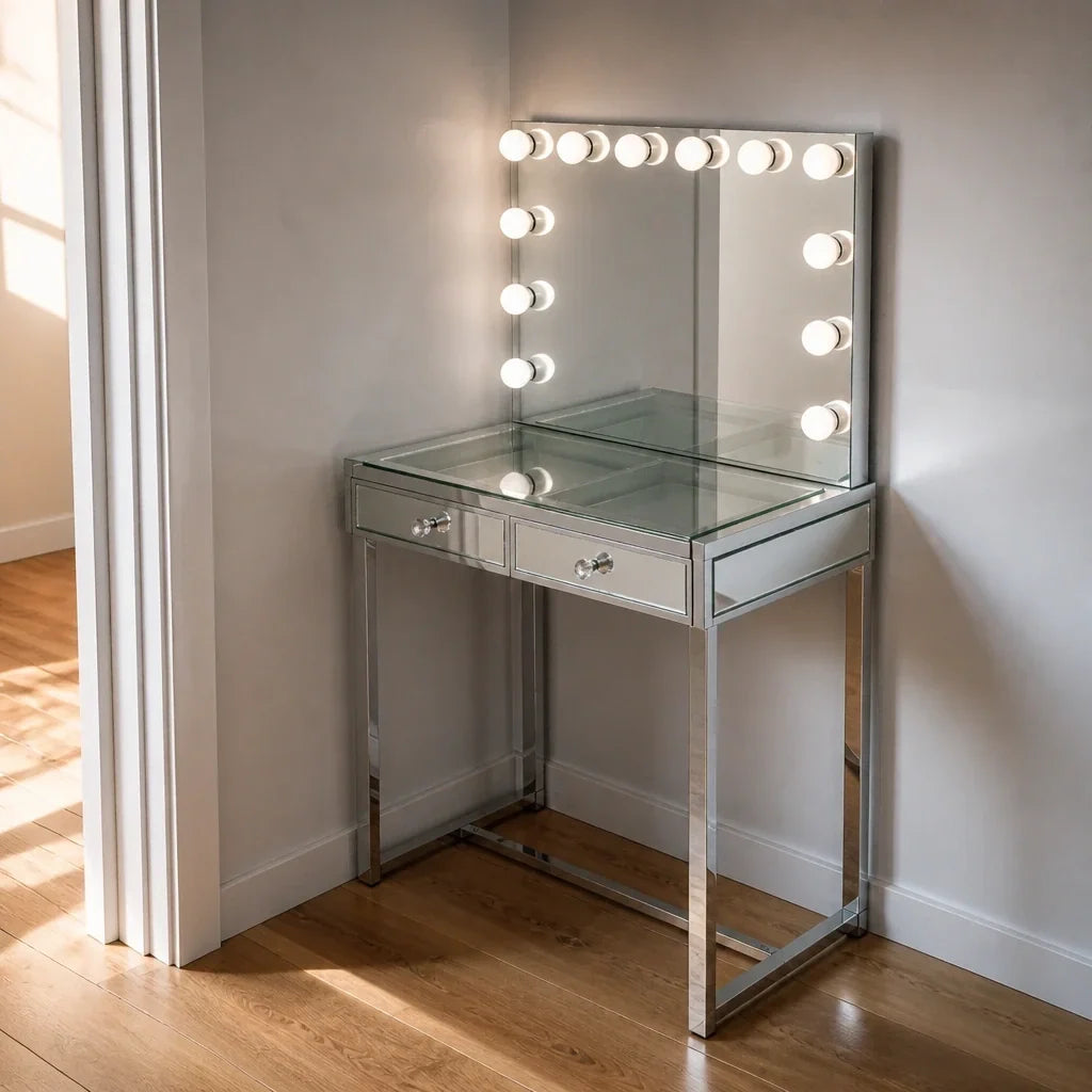 Small Dressing Table with Mirror - Mirrored, Chrome Legs