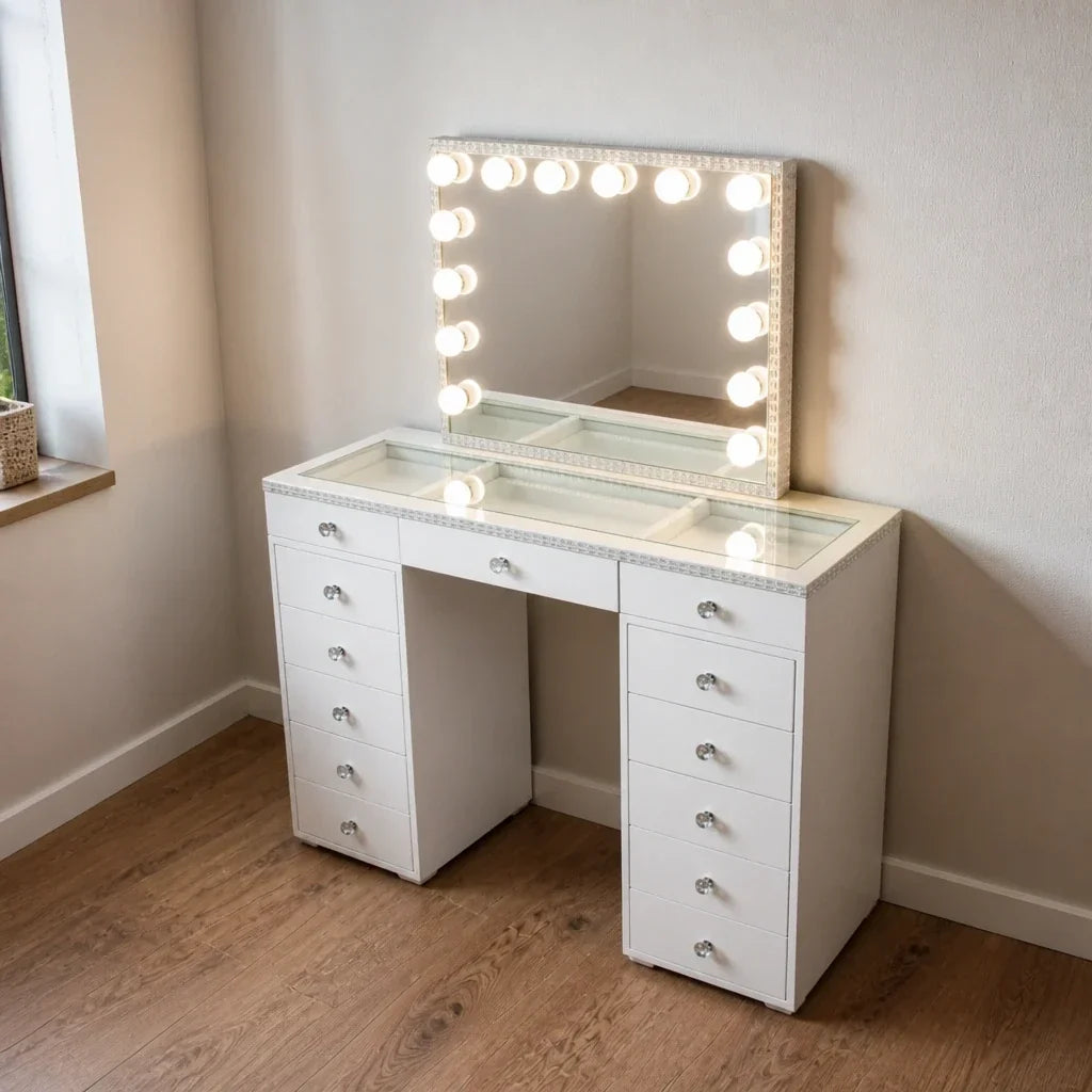 Dressing Table with Mirror and Drawers - White, Crystal