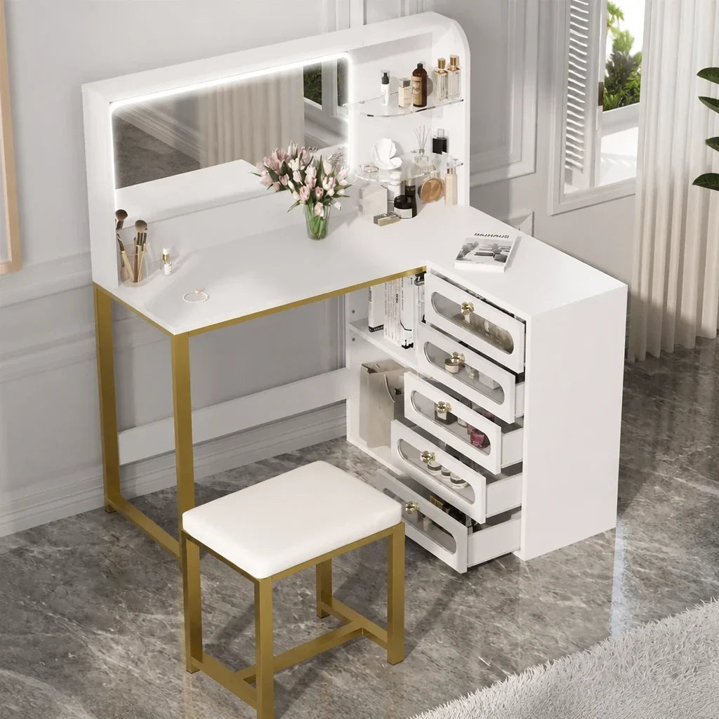 Corner Dressing Table with Mirror - Gold Legs, 5 Drawers